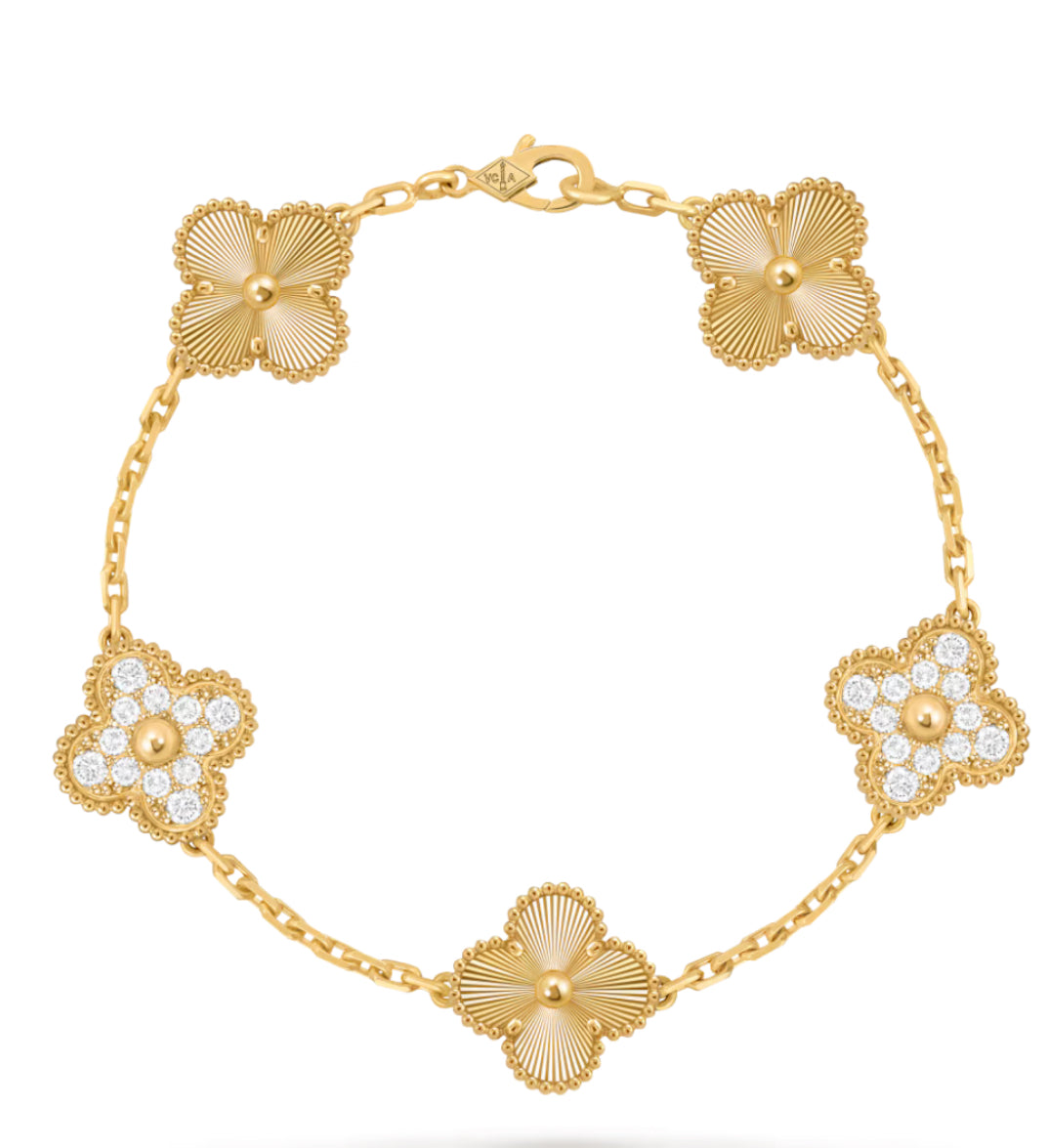 V Inspired 5 Motif Diamond & Guilloche Clover Bracelet