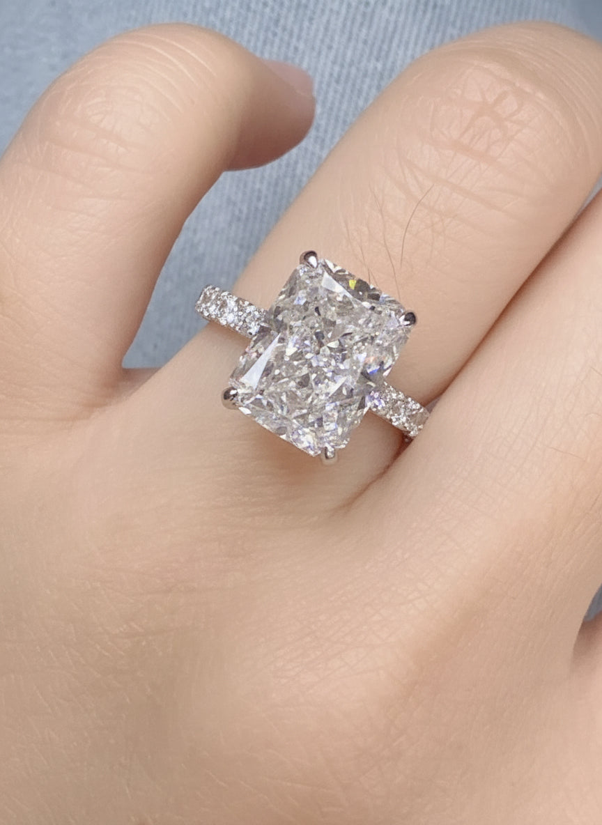 Custom 5 carat radiant cut diamond ring